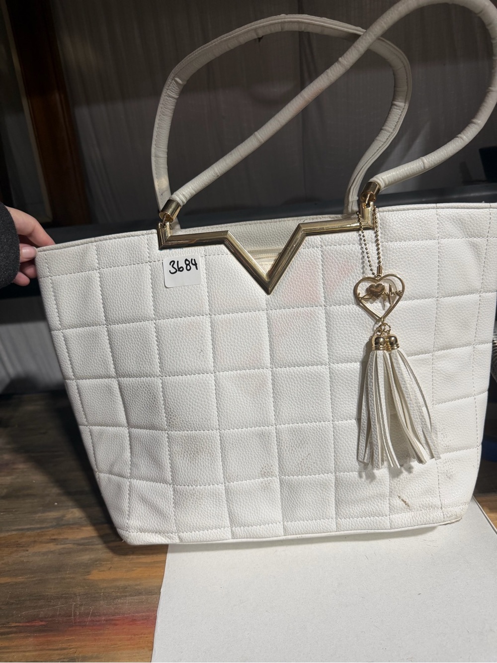 #3684-White Quilted Tote with Gold Heart Tassel Accent